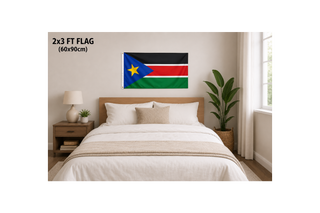 Bedroom with South Sudan flag on the wall
